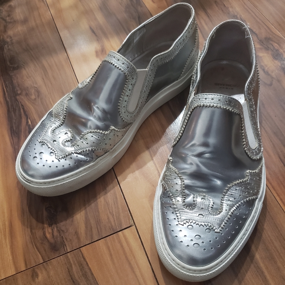 Givenchy Brogue Skate Sneaker Metallic Silver white platform shoes Sz 37 us 6.5